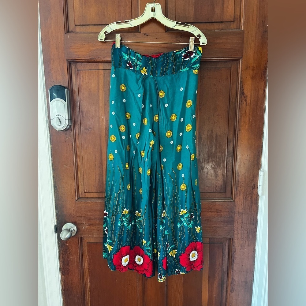 Boho Floral Wide Leg Pants Green | Elastic Waist Palazzo Beach Festival Size M - Picture 10 of 10